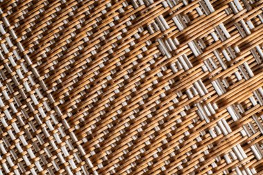 Kahverengi ve beyaz tonlarında doğal lifler içeren güzel dokuma dokusunun yakın görüntüsü. Tasarım, işçiliği ve sıcaklık yayan malzemelerin karışımını vurguluyor.