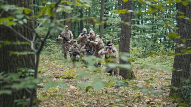 Military Squad Moving Forward Cautiously Forest — Stock Video
