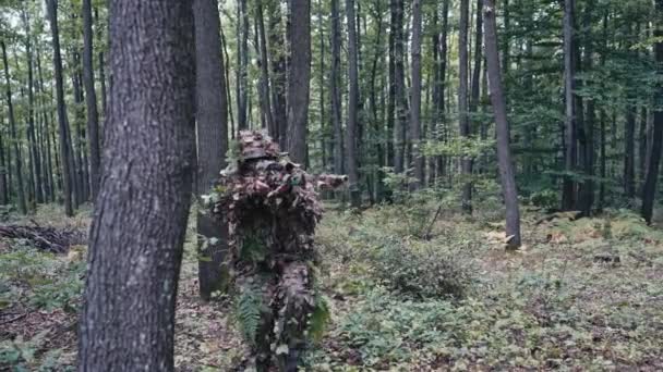 Atirador Furtivo Escondido Pela Folhagem Está Movendo Através Floresta Olhando — Vídeo de Stock