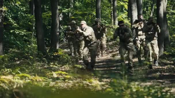 一队军人小心翼翼地走在树间 环顾四周 — 图库视频影像
