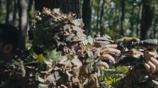 Two Soldiers Sniper Drone Operator Strategically Position Themselves Tree Third — Stock Video
