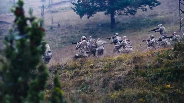 Escuadrón Del Ejército Avanza Tácticamente Una Formación Por Través Prado — Vídeo de stock