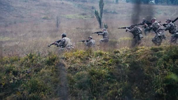 一支军事分遣队在野外发起进攻 巧妙地部署成编队穿过一片草地 武装和受过训练的士兵在战争中进行战术演习 — 图库视频影像