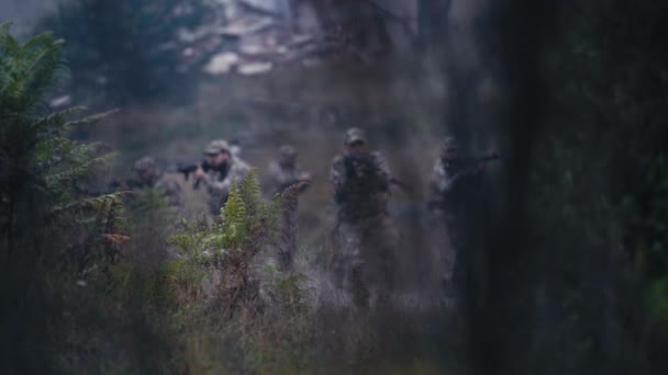 Rozostřený Pohled Profesionálních Vojáků Při Výcviku Tato Jednotka Opatrně Kráčí — Stock video