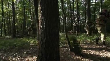 Bir askeri birliğin havadan drone görüntüsü yaprak döken ormanda ilerlerken ve etraflarına dikkatlice bakarken..