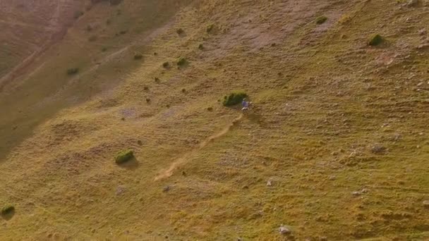 Vista Aérea Captura Motocross Jinete Conquistando Sendero Cuesta Arriba Levantando — Vídeos de Stock