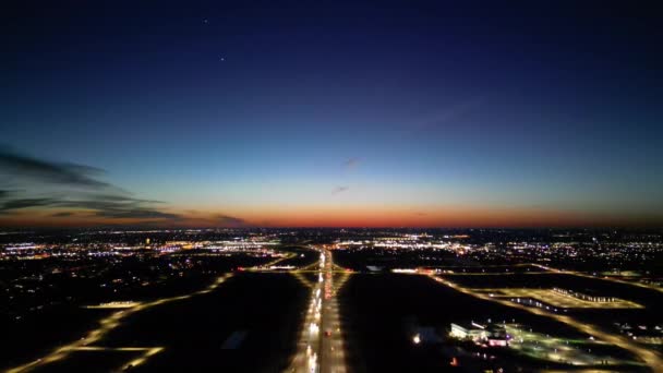 Aerial Shot Capturing Twilight Sky Iowa Highway Dusk Illuminated Urban — Stock Video