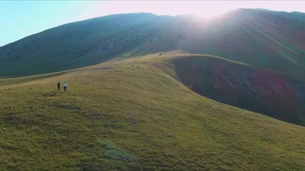 Dos Hombres Decididos Camisas Ascienden Una Montaña Hacia Sol Encarnando — Vídeo de stock
