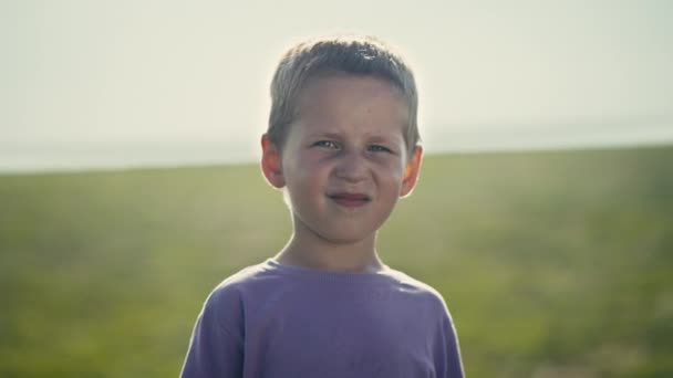 Sunny Day Captures Carefree Essence Childhood Bosnian Kid Wearing Purple — Αρχείο Βίντεο