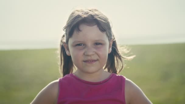 Close Portrait Captures Joy Confident Smiling Six Year Old Caucasian — Stockvideo