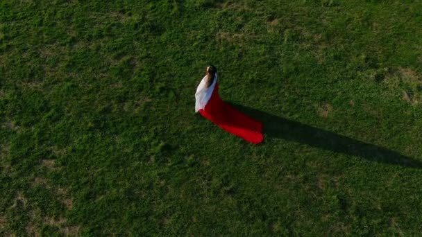 Woman Stands Meadow Wearing Red Dress Waving White Scarf Casting — Stockvideo