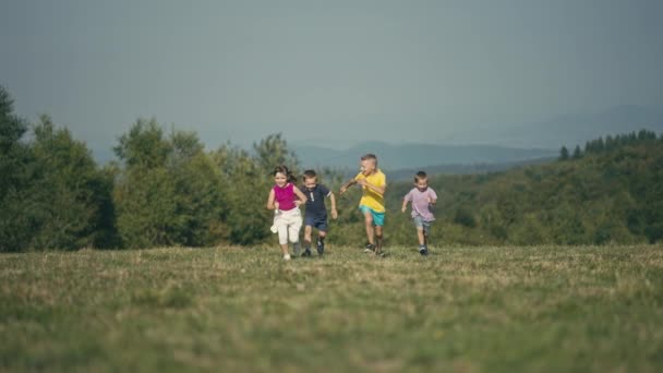Four Children Run Sunny Meadow Camera Embodying Excitement Freedom Active — Stock video