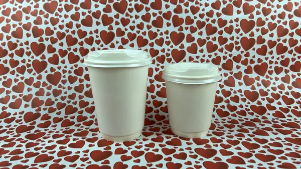 a white paper cup on a background of red hearts. Valentine\'s day concept