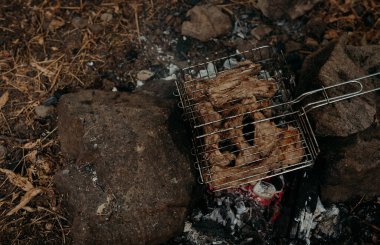 Kuru yaprak ve taşlardan oluşan bir zemin üzerinde üst görünüm: ızgaraların üzerine dizilmiş bir sıra domuz pirzolası, bir sonbahar günü bir ateşin üzerinde kavrulmuş.