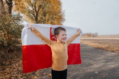 Gülümseyen ve elinde Polonya bayrağını tutan yakışıklı bir çocuk. Ulusal bayrağı olan bir çocuğun portresi. Ulusal bayramlar ve vatanseverlik olayları kavramı. Vatanseverlik.