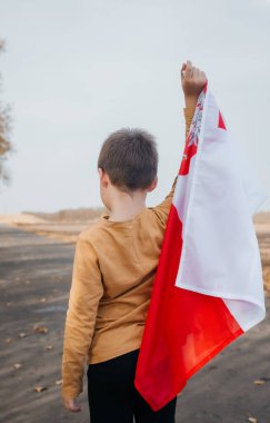 Küçük bir çocuk Polonya bayrağını elinde tutuyor. Ulusal bayrağı olan bir çocuğun portresi. Dikiz aynası. Ulusal bayramlar ve vatanseverlik olayları kavramı. Vatanseverlik. Bağımsızlık Günü.