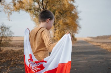 Arkasında Polonya bayrağını tutan yakışıklı küçük bir çocuk. Doğada ulusal bayrak taşıyan bir çocuk yolda duruyor. Ulusal bayramlar ve vatanseverlik olayları kavramı. Bağımsızlık Günü