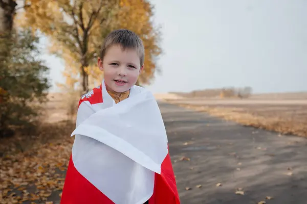 Yakışıklı Küçük Bir Çocuk Polonya Bayrağına Sarılmış Ulusal Bayrağı Olan — Stok fotoğraf