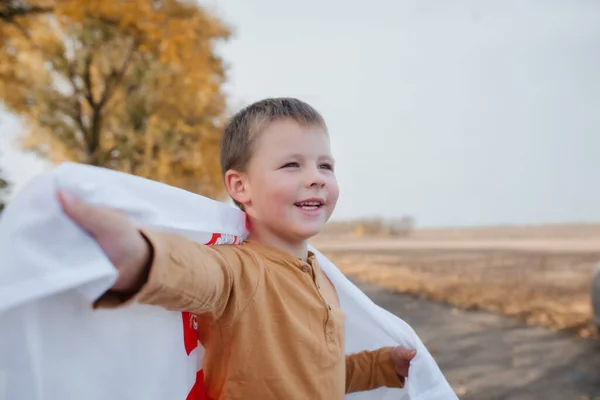 Gülümseyen Elinde Polonya Bayrağını Tutan Yakışıklı Bir Çocuk Ulusal Bayrağı — Stok fotoğraf