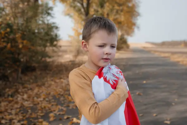 Tatlı Küçük Bir Çocuk Polonya Bayrağını Kucaklıyor Ulusal Bayrağı Olan — Stok fotoğraf