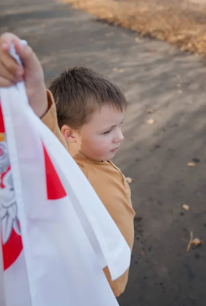 Küçük Bir Çocuk Polonya Bayrağını Elinde Tutuyor Ulusal Bayrağı Olan — Stok fotoğraf