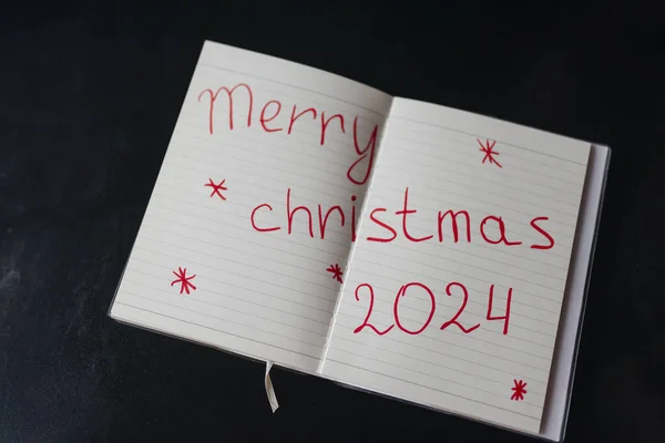 Buon Natale Lettering Notebook Scritto Mano Con Penna Rossa Sfondo Fotografia Stock