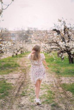 Renkli desenli beyaz elbiseli bir kadın. Bir kız kısa bir elbise ve beyaz spor ayakkabılarla çiçek açan kiraz bahçesinde yürüyor. Arka plan, dikey fotoğraf. Bahar Bahçesi