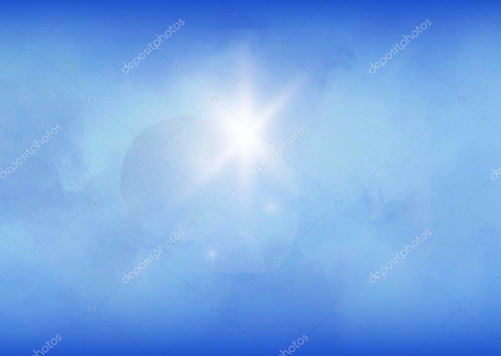 Blue vilolet sky background with sun and clouds. Vector illustration.