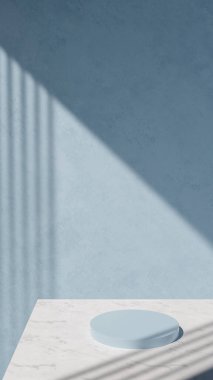 Mermer masanın üzerinde minimalist yuvarlak podyum yumuşak şeritli gölgeli fotoğraf 3D