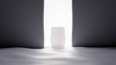 Suda şişe maketi ve dar aralık duvarı. Parlak ışık sahnesi premium fotoğraf 3D görüntüsü.