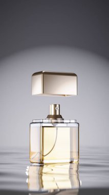 Gradyan su yansıması arka plan premium fotoğraf 3D üzerinde zarif şişe sahnesi