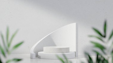Minimum geometri podyumu portresi ve yaprak ön plan premium fotoğraf 3D görüntüsü