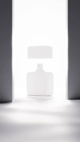 Suda şişe maketi ve dar aralık duvarı. Parlak ışık sahnesi premium fotoğraf 3D görüntüsü.