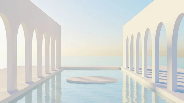 Deniz kenarındaki havuzun üstündeki podyum sahnesi 3D fotoğraf.