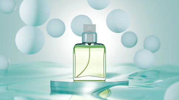 Frasco Perfume Vidro Pódio Água Mockup Cena Premium Foto Renderização — Fotografia de Stock
