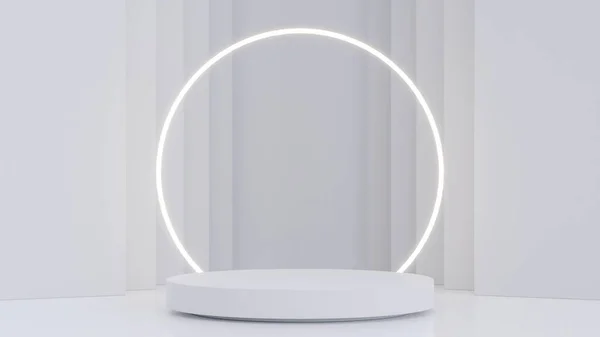 Neon halkası önündeki minimalist podyum.