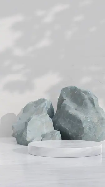 Kayaların önündeki minimalist podyum. 3D fotoğraf.