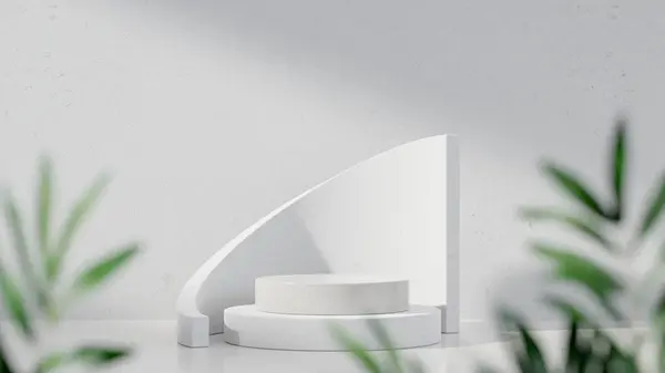 Minimal geometry podium portrait with leaf foreground premium photo 3d render