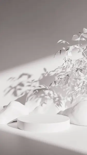 Odasında taş ve bitki olan yuvarlak bir podyum, pencere ışığı mermer zemin ve alçılı duvar manzaralı 3D fotoğraf.