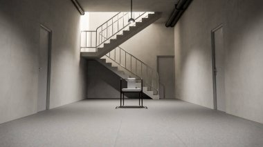 Sandalyesi, kapısı ve endüstriyel aydınlatması olan minimalist beton bir merdiven. Tasarım, arkaplan veya konsept kullanımı için nötr tonlarda modern mimari sahnesi.