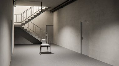 Sandalyesi, kapısı ve endüstriyel aydınlatması olan minimalist beton bir merdiven. Tasarım, arkaplan veya konsept kullanımı için nötr tonlarda modern mimari sahnesi.
