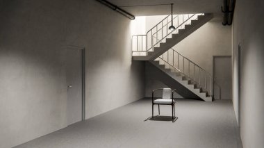 Sandalyesi, kapısı ve endüstriyel aydınlatması olan minimalist beton bir merdiven. Tasarım, arkaplan veya konsept kullanımı için nötr tonlarda modern mimari sahnesi.