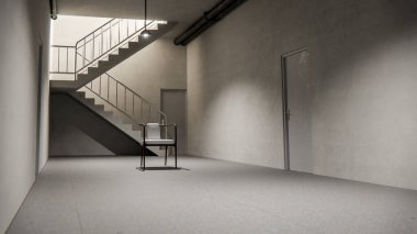 Sandalyesi, kapısı ve endüstriyel aydınlatması olan minimalist beton bir merdiven. Tasarım, arkaplan veya konsept kullanımı için nötr tonlarda modern mimari sahnesi.