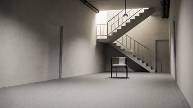 Sandalyesi, kapısı ve endüstriyel aydınlatması olan minimalist beton bir merdiven. Tasarım, arkaplan veya konsept kullanımı için nötr tonlarda modern mimari sahnesi.