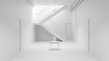 Sandalyesi, kapısı ve endüstriyel aydınlatması olan minimalist beton bir merdiven. Tasarım, arkaplan veya konsept kullanımı için nötr tonlarda modern mimari sahnesi.