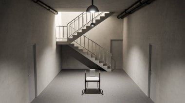 Sandalyesi, kapısı ve endüstriyel aydınlatması olan minimalist beton bir merdiven. Tasarım, arkaplan veya konsept kullanımı için nötr tonlarda modern mimari sahnesi.