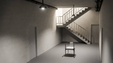 Sandalyesi, kapısı ve endüstriyel aydınlatması olan minimalist beton bir merdiven. Tasarım, arkaplan veya konsept kullanımı için nötr tonlarda modern mimari sahnesi.