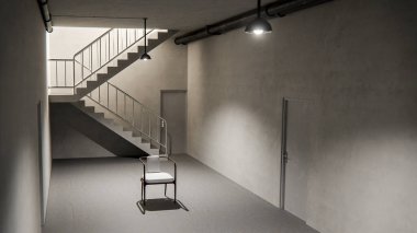 Sandalyesi, kapısı ve endüstriyel aydınlatması olan minimalist beton bir merdiven. Tasarım, arkaplan veya konsept kullanımı için nötr tonlarda modern mimari sahnesi.