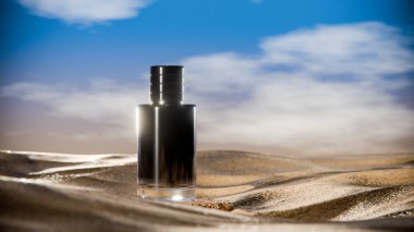 Parlak bir gökyüzünün altında çöl kumunun üzerinde duran koyu mavi bir desenli lüks parfüm şişesinin zarif 3D görüntüsü gizemi, zarafeti ve karmaşıklığı simgeliyor..