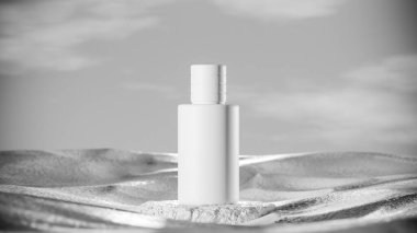 Parlak bir gökyüzünün altında çöl kumunun üzerinde duran koyu mavi bir desenli lüks parfüm şişesinin zarif 3D görüntüsü gizemi, zarafeti ve karmaşıklığı simgeliyor..